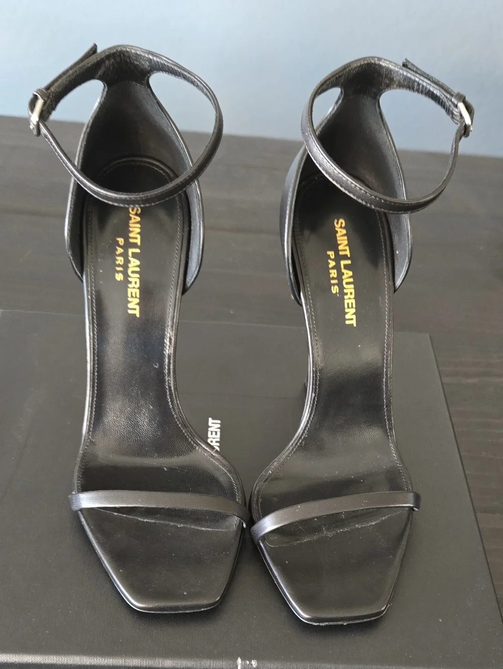 Saint Laurent Black Leather Opyum Logo-Heel Sandals with Silver YSL Heels - Picture 4 of 8